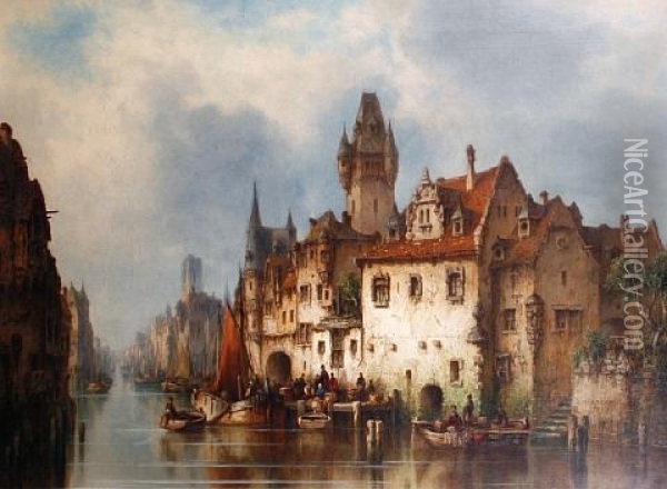 A Continental Canal Scene Oil Painting - Ludwig Hermann