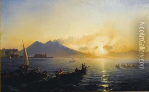 Baie De Naples Avec Le Vesuve Et Le Castel Dell'ovo Au Lever Du Jour Oil Painting - Theodore Gudin