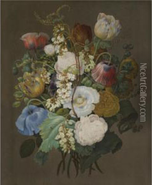 A Still Life Of A Bouquet Of Tulips, Roses And Other Flowers Oil Painting - Jan Frans Van Dael