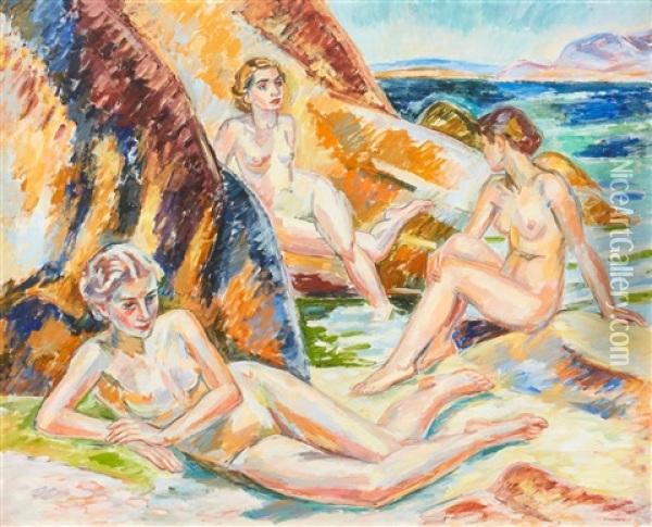 Badande Kvinnor Oil Painting - Birger Simonsson