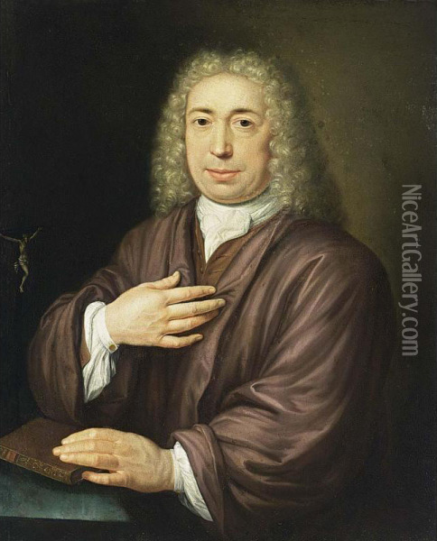 A Portrait Of A Catholic Cleric, Bust Length, With His Left Hand On The Bible Oil Painting - Abraham Carre