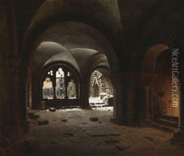 Klosterhalle Im Schnee Oil Painting - Carl Georg Adolph Hasenpflug