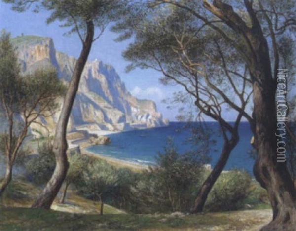 Blick Nach Dem Cap Von Noli Zwischen Olivenbaumen Der Westlichen Riviera Oil Painting - Friedrich Albert Schmidt