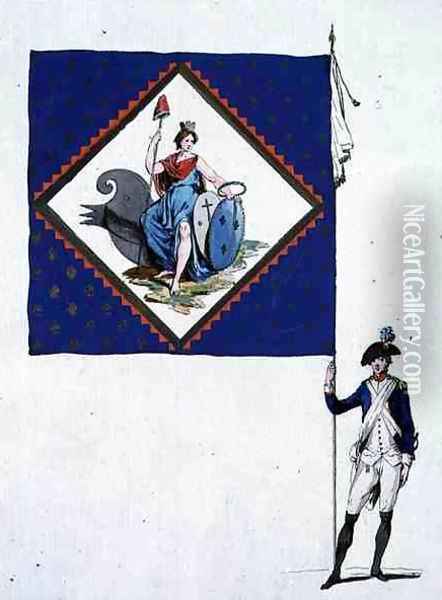 Flag of the batallion of the Carmes Dechausses, 1790 Oil Painting - R Vieilh-Varenne