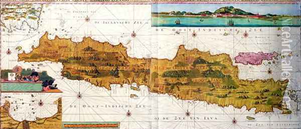 Insulae lavae, a large folding map of Java with two insets both depicting views of Batavia Jakarta Dutch, published by Gerard van Keulen, Amsterdam, c.1715 Oil Painting - Adrian Reland