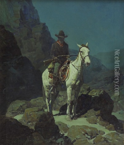Cowboy On Horse At Night Oil Painting - Frank Tenney Johnson