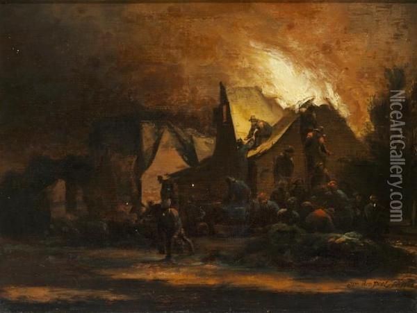 A House On Fire At Night Oil Painting - Egbert van der Poel