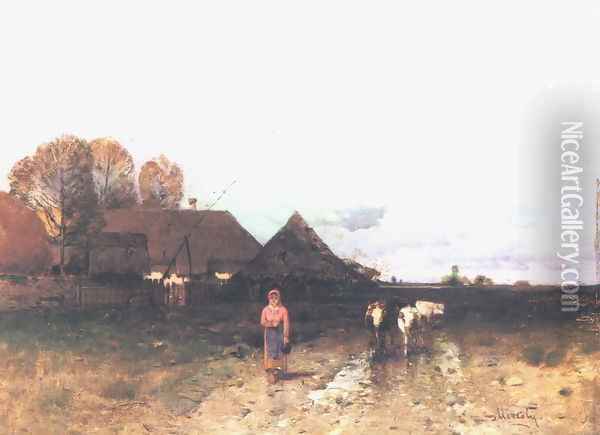 Landscape in Storm Cows Coming Home c. 1880 Oil Painting - Geza Meszoly