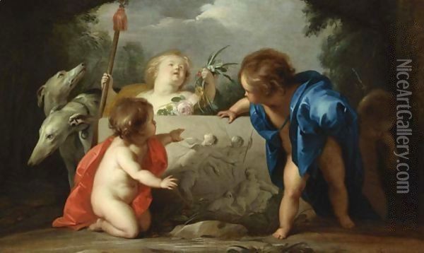 Four Putti And Two Greyhounds Admiring A Bas-Relief Showing Venus And Adonis In A Landscape Oil Painting - Jacob de Wit