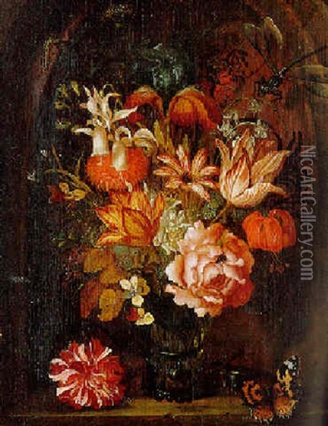 Tulips, Roses, Poppies And Other Flowers In A Roemer On A Ledge Oil Painting - Balthasar Van Der Ast