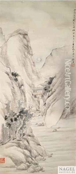 Gelehrter Am Wasserfall Bei Vollmond Oil Painting -  Wu Deyi