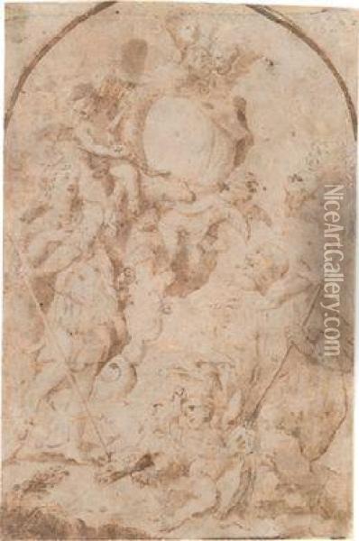 Engel Mit Wappen Und Den Hll. Michael Und Dominicus Oil Painting - Sebastiano Folli