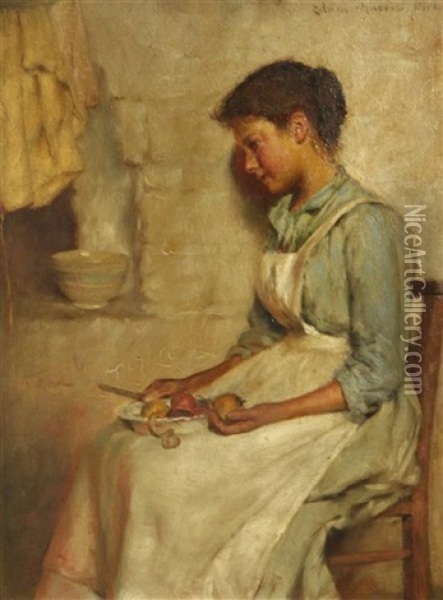 Interior With Woman Peeling Vegetables Oil Painting - Edwin Harris