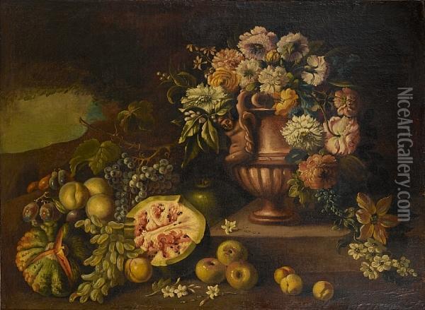 Chrysanthemums, Roses, Orange 
Blossom Andother Flowers In An Urn, Melons, Apples, Peaches And Grapes 
Beforea Stone Ledge, A View To A Landscape Beyond Oil Painting - Giuseppe Vincenzino