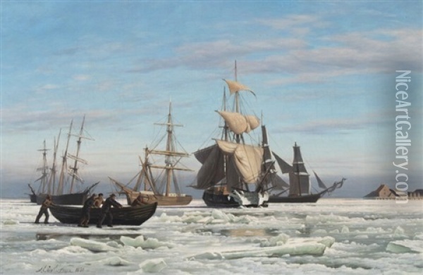 Numerous Ships Stuck In The Ice Oil Painting - Andreas Christian Riis Carstensen