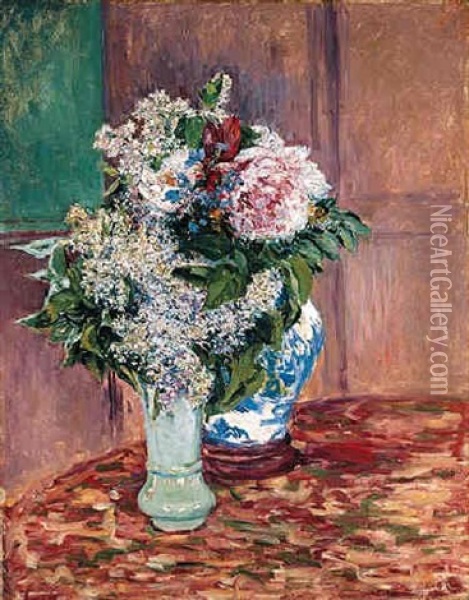 Lilas Et Pivoines Dans Deux Vases Oil Painting - Gustave Caillebotte