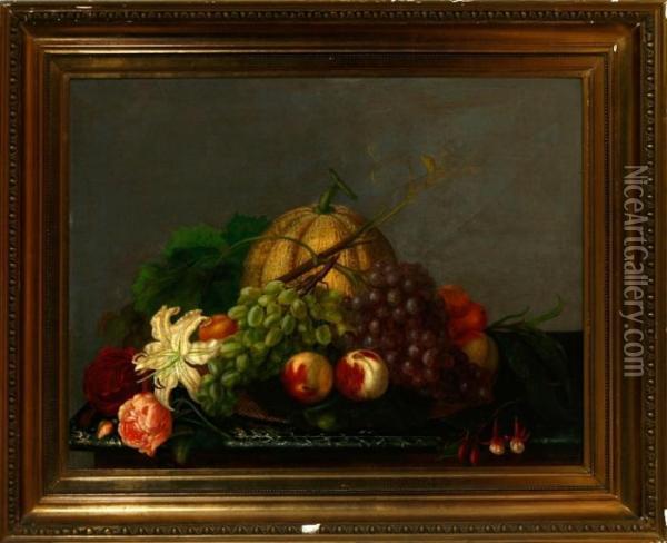 Still Life With Fruit And Flowers Oil Painting - I.L. Jensen