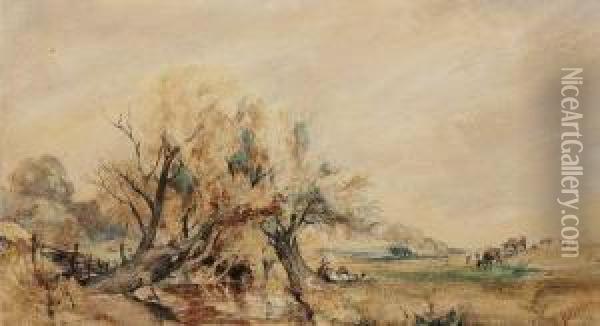 A Figure Resting Under A Tree With Cattle Beyond Oil Painting - Henry Jutsum