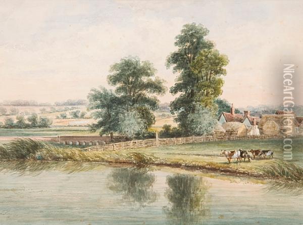 Cattle Before A Farmhouse With Steam Trainbeyond Oil Painting - Thomas Smythe