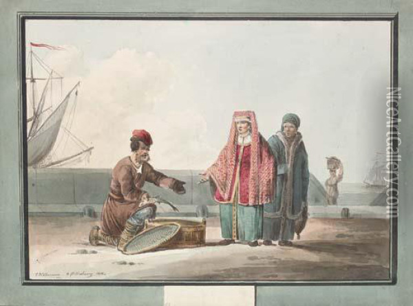 A Russian Peasant Selling Fish Oil Painting - Carl Ivanovitch Kollmann
