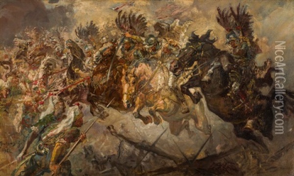 Szarza Husarii Na Piechote Turecka Oil Painting - Stanislaw Batowski-Kaczor