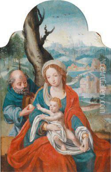 Die Heilige Familie In Einer Landschaft Ol Auf Holz Oil Painting - Joos Van Cleve