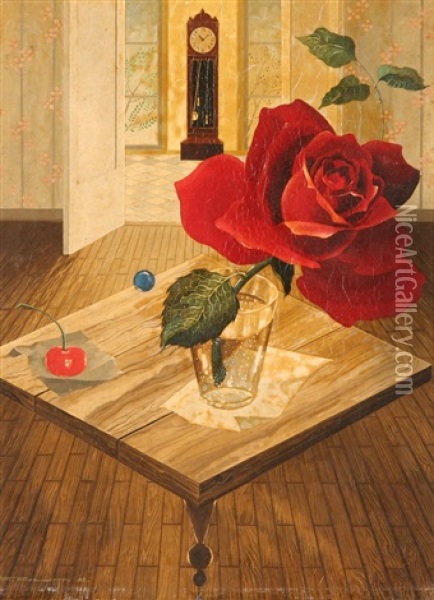 Still Life With Rose (+ Still Life With Pink Rose On A Balcony; Pair) Oil Painting - Ratislaw Rakoff