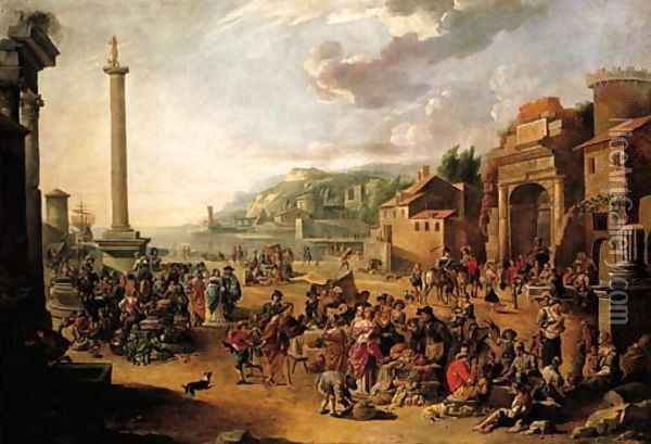 A market in an Italianate harbour with Diogenes in search of an honest man Oil Painting - Anthonie Goubau