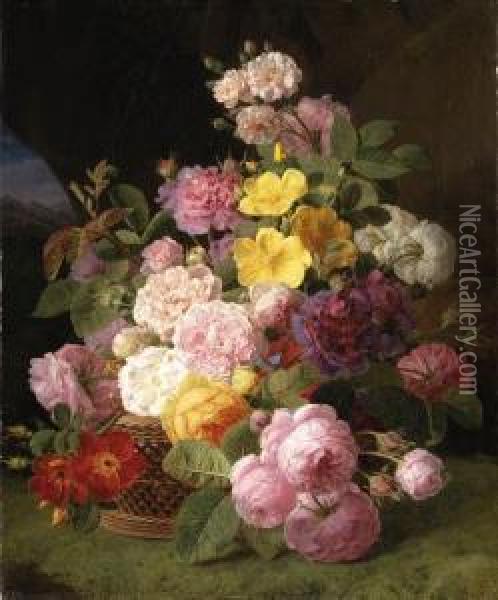 Roses, Peonies And Other Flowers On A Ledge Oil Painting - Jan Frans Van Dael