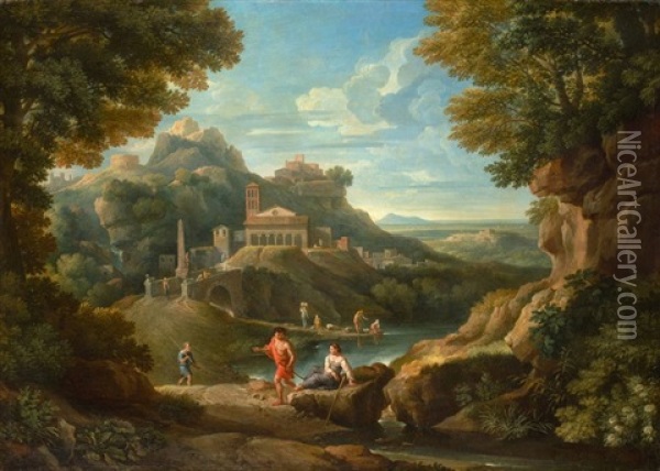 Arcadian Landscape With Roman Monuments Oil Painting - Jan Frans van Bloemen
