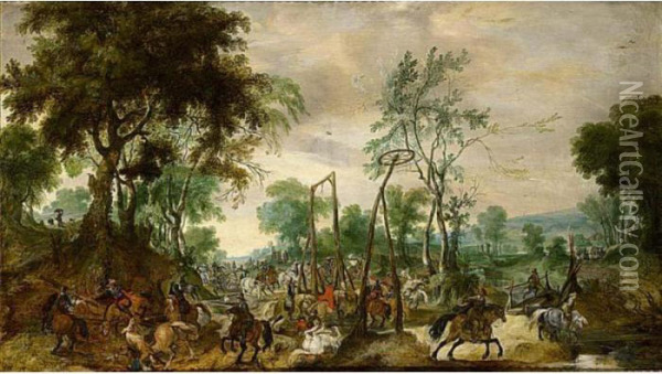 Wooded Landscape With A Calvalry Engagement Oil Painting - Pieter Snayers