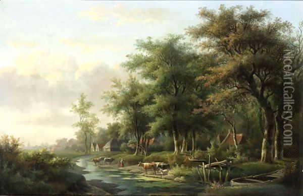 Cows In A River Landscape Oil Painting - Willem De Klerk
