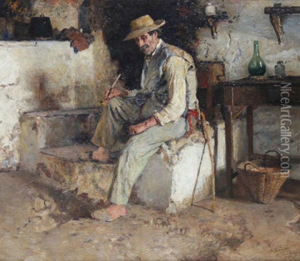 Homme A La Pipe Assis Devant La Porte De Sa Maison A Capri Oil Painting - Alois Boudry