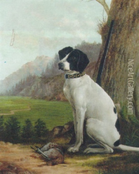 A Pointer Guarding The Day's Bag Oil Painting - Georges Groegaert