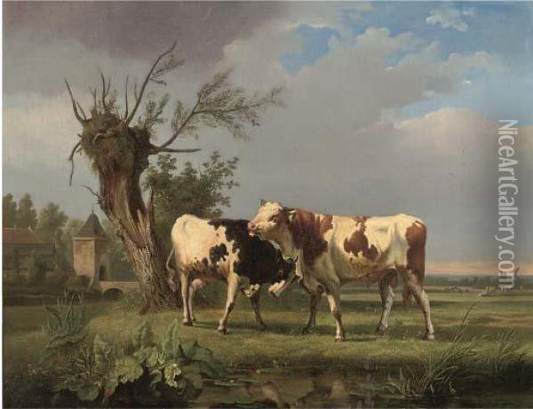 A Bull And Cow By A Pond Oil Painting - Ildephonse Stocquart