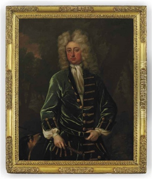 Portrait Of Sir Charles Shuckburgh, 2nd Bt., Master Of The Staghounds To Queen Anne In A Green Coat With Gold Buttons, Holding A Riding Crop With A Dog In... Oil Painting - Michael Dahl