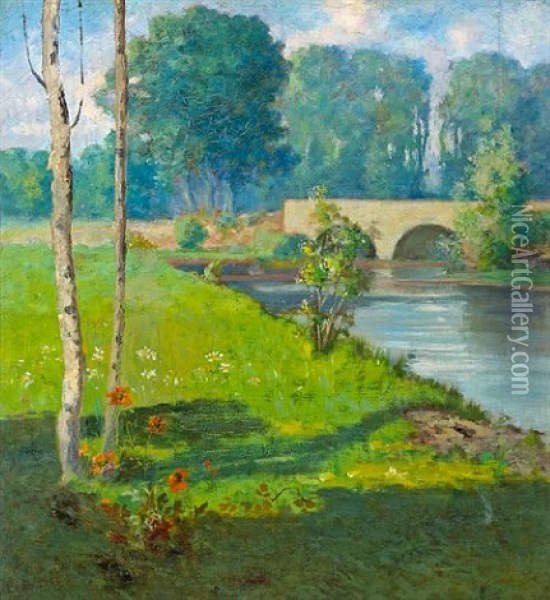 Bridge Over A River Oil Painting - Alexis Comparet