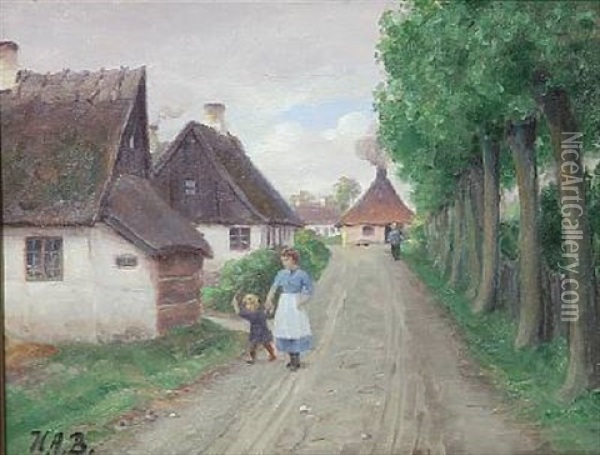 Mother And Son In A Village Street, Summer Oil Painting - Hans Andersen Brendekilde