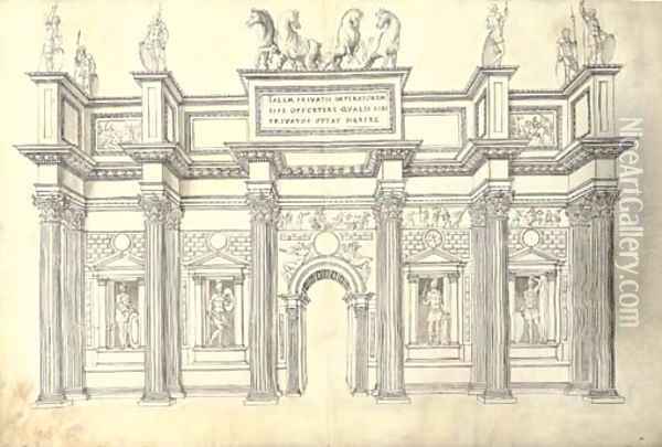 A monumental gateway of five bays in the Corinthian Order Oil Painting - J. Androuet (du Cerceau) Ducerceau