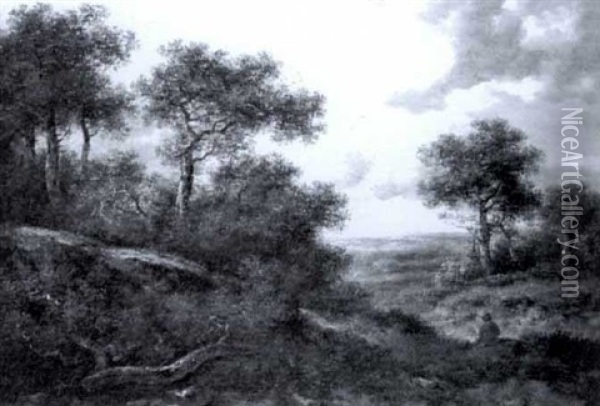 Wooded Landscape With Figure Oil Painting - Richard H. Hilder