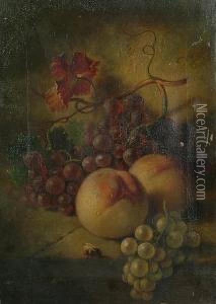 Still Life Of Grapes, Peaches And A Bee On A Ledge. Oil Painting - Henry George Todd