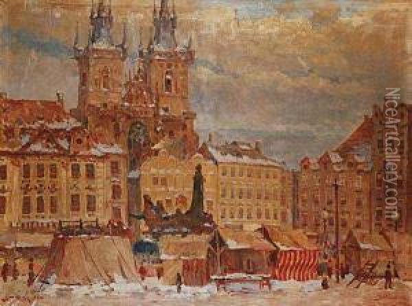 The Christmas Market At Old Town Square In Prague Oil Painting - Alexander J. Pelisek