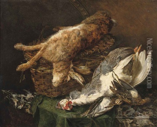 A Hare In A Basket, A Partridge And Two Quails On A Half Draped Marble Table Oil Painting - William Henry Hunt