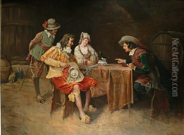 Figures Around A Table With A Song Bird Oil Painting - E. Appert