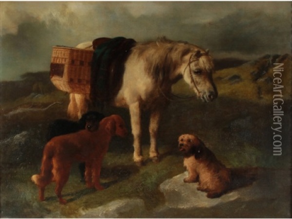A Pony And Three Dogs In A Highland Landscape Oil Painting - George William Horlor