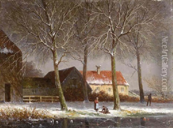 Peasants On A Tree-lined, Snowcovered Track, With Farms Beyond Oil Painting - Adrianus Eversen