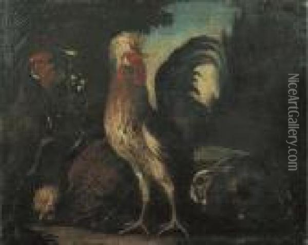 Gallo, Galline E Un Coniglio En Plein Air Oil Painting - Angelo Maria Crivelli, Il Crivellone