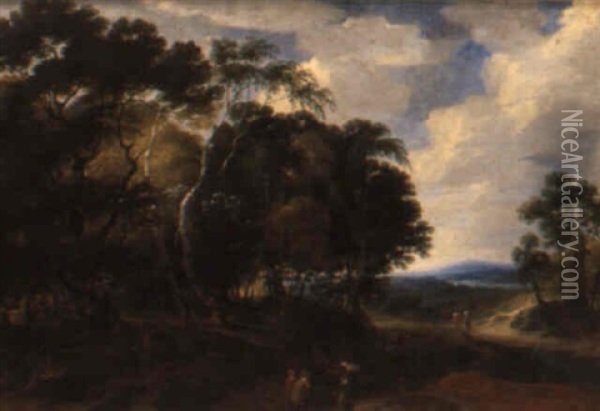 Landskap Med Figurer Pa En Vag Oil Painting - Jacques d' Arthois