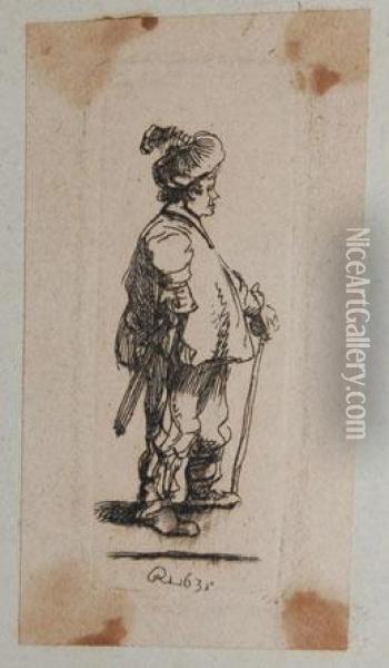 <a Polander Standing With His Stick: Profile To Right>, 1631. Oil Painting - Rembrandt Van Rijn