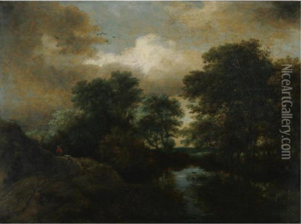 A Wooded Landscape With A Pool And A Peasant With His Dogs On Arise Oil Painting - Jacob Van Ruisdael